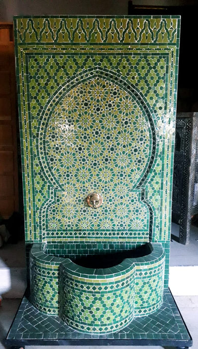 Moorish green mosaic tile fountain