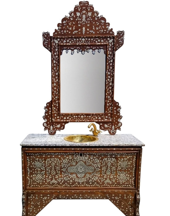 Antique syrian mother of pearl vanity sink with mirror & brass faucet