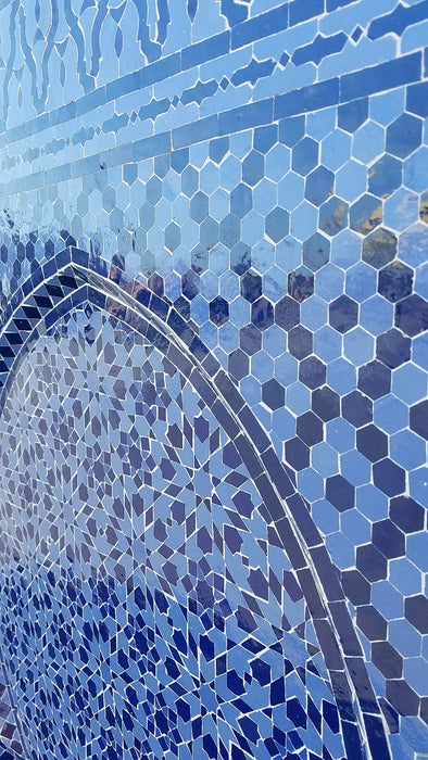 Moorish blue mosaic tile fountain
