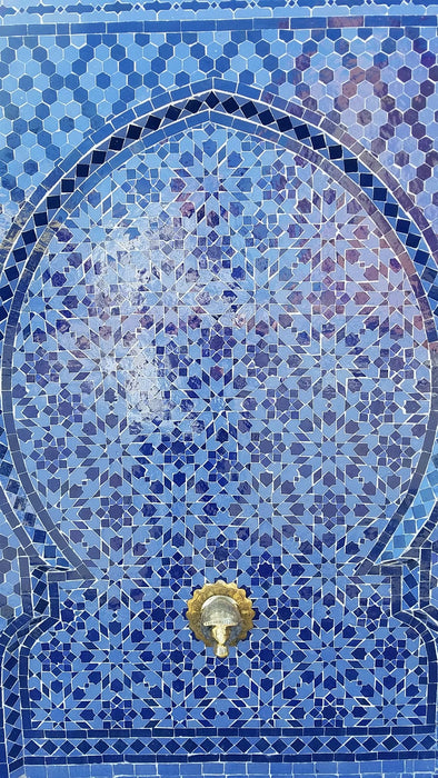 Moorish blue mosaic tile fountain